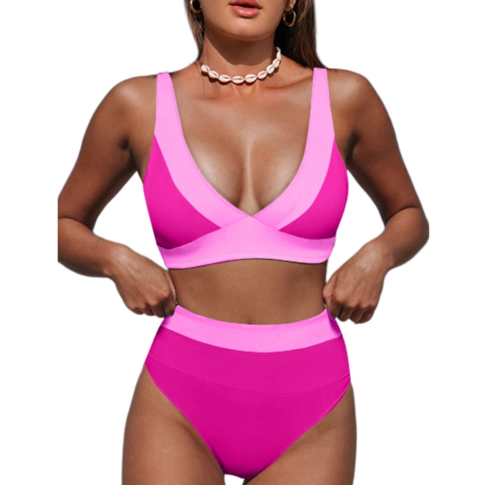 Two-Tone Pink High-Waist Bikini Set by